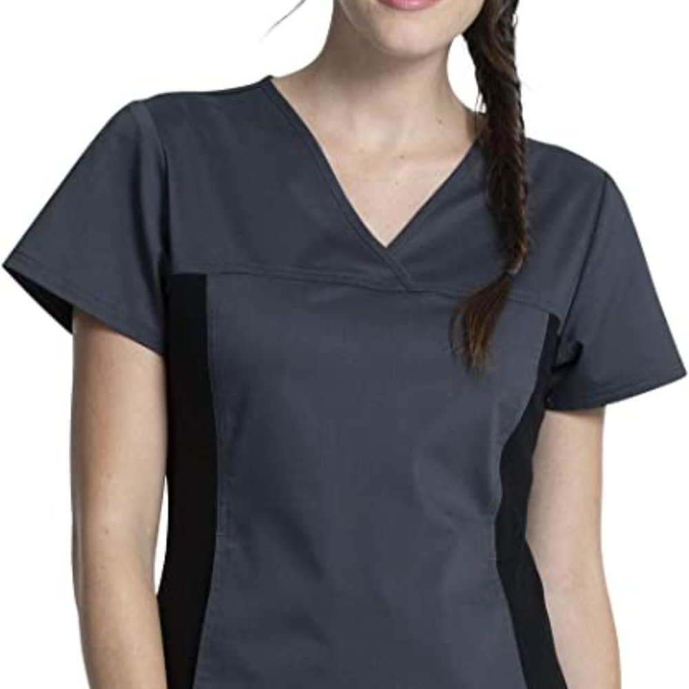 Cherokee Women Scrubs Top Workwear Revolution V-Neck Knit Panel Black XL
